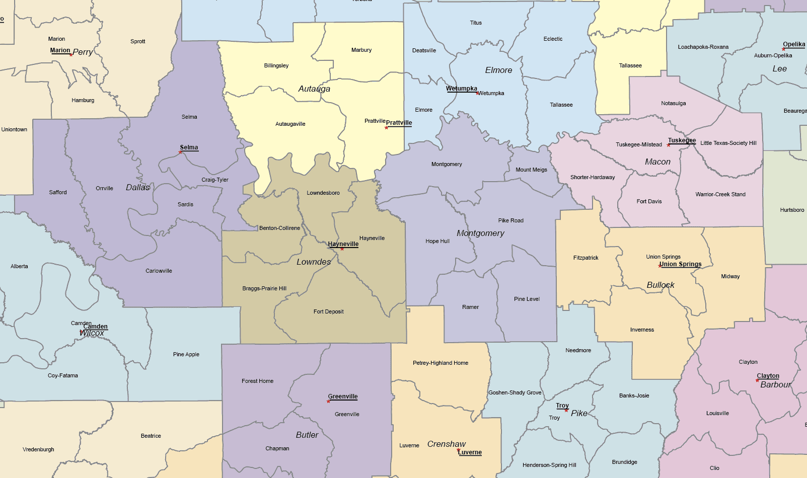 Alabama State Subdivisions Map Alabama subcounty detail1