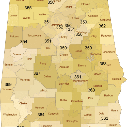 Alabama 3-Digit ZIP Code Map with Counties