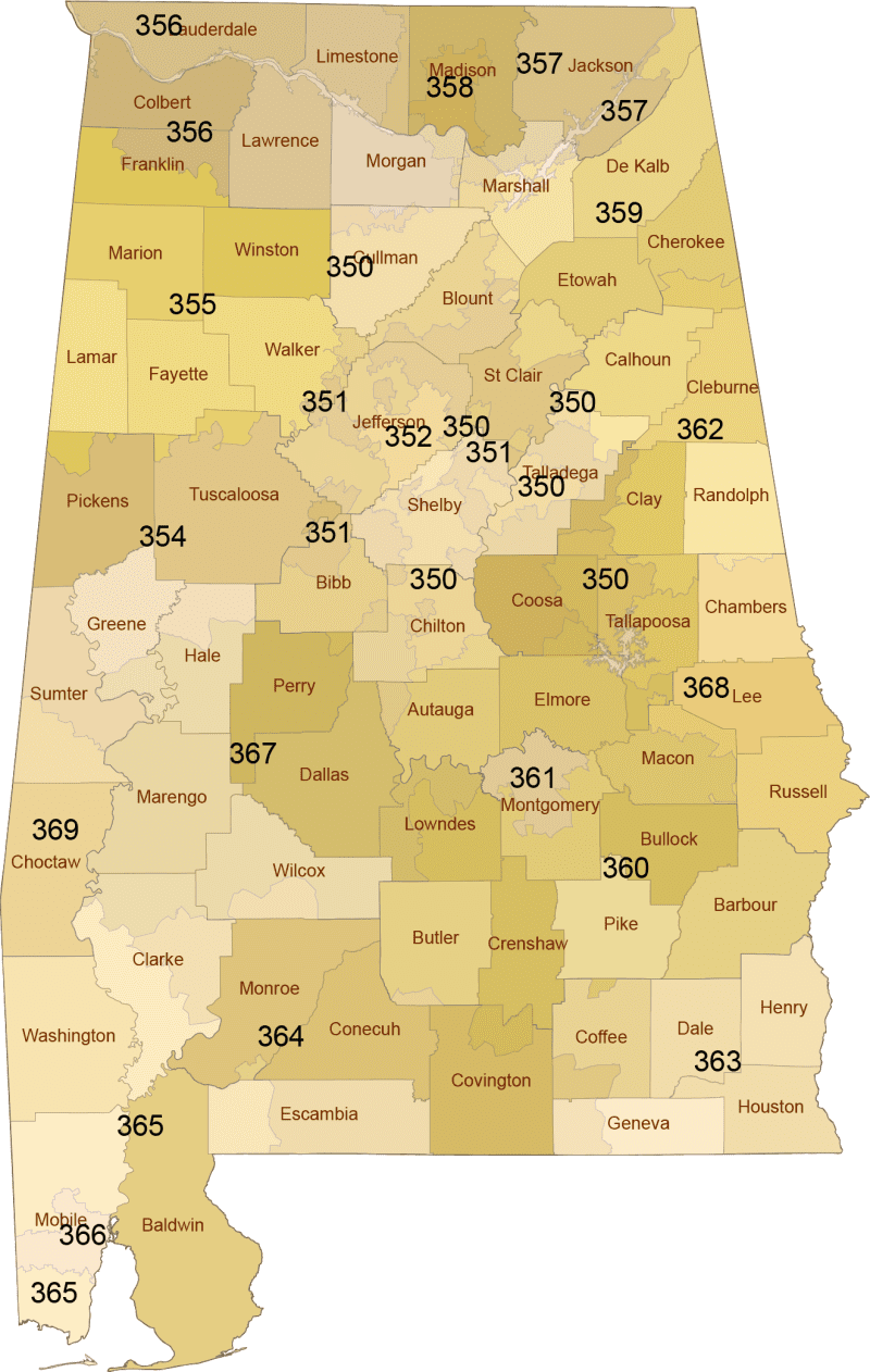 Alabama 3-Digit ZIP Code Map with Counties