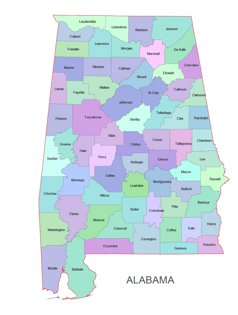 Alabama Colored Vector County Map