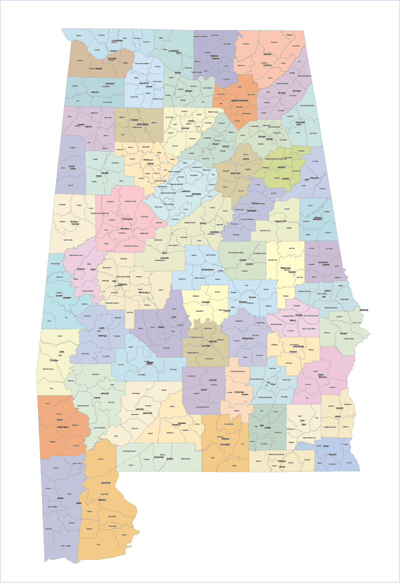 Alabama State Subdivisions Map