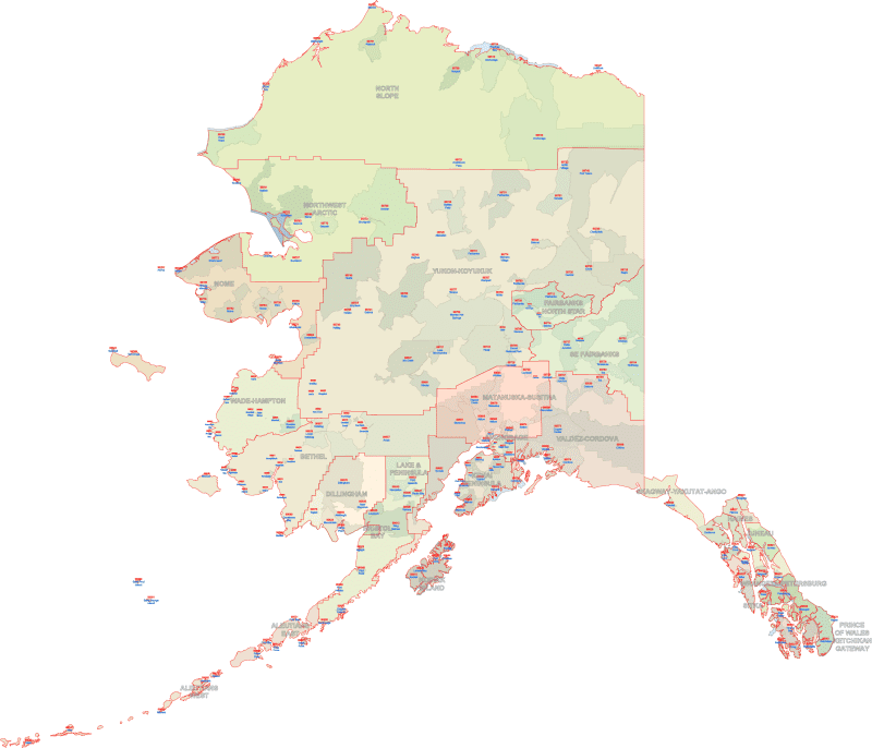 AK ZIP Code Map with Cities and Counties