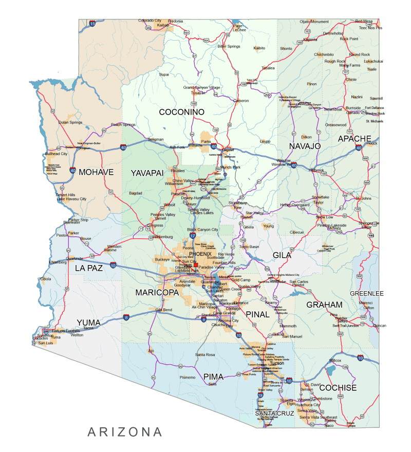 Arizona road and city map