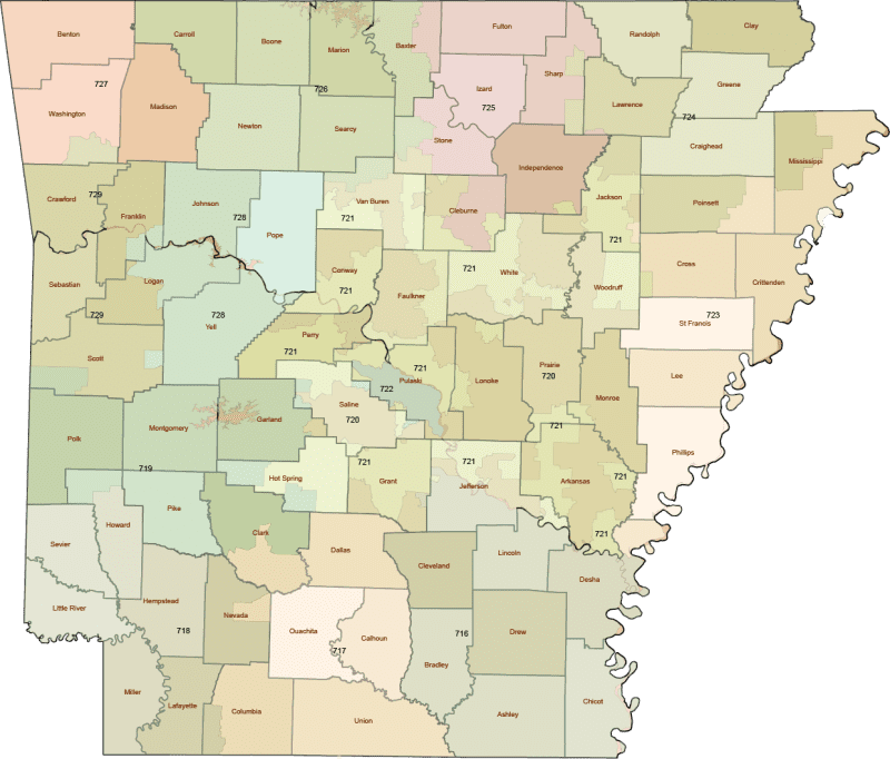 Arkansas 3-Digit ZIP Code Map with Counties