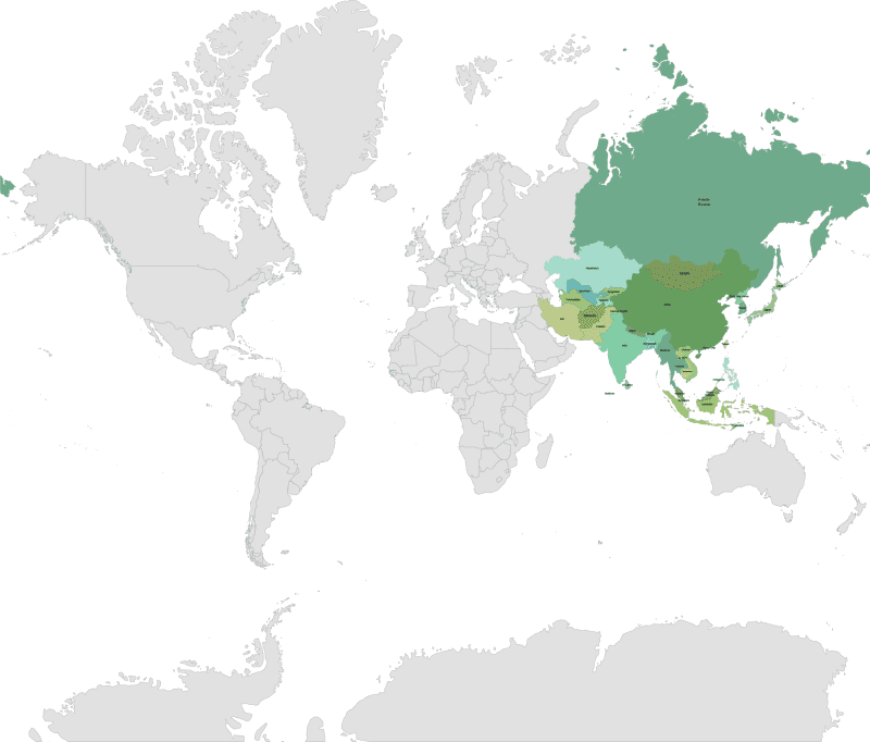Asia Continent on a Layered World Map