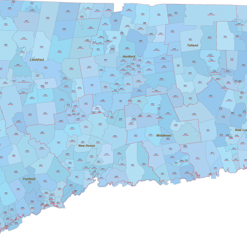 CT ZIP Code Map With Cities Counties