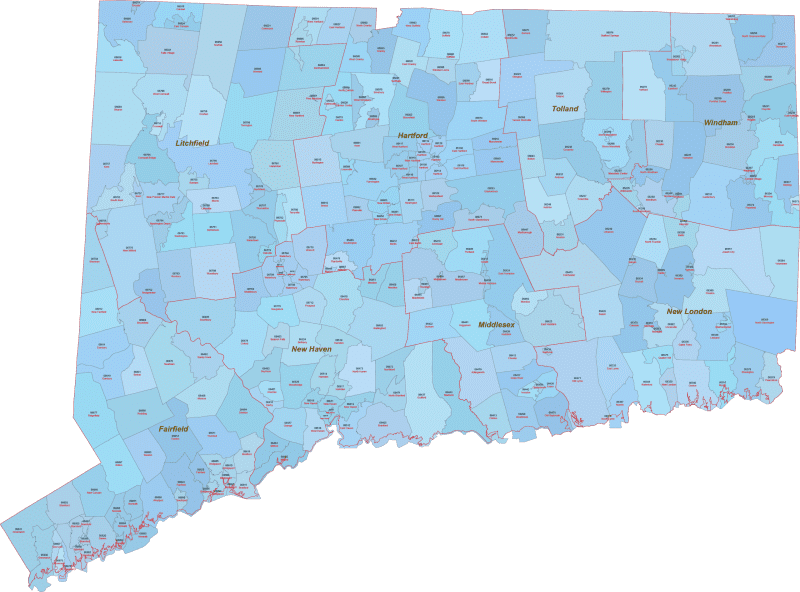 CT ZIP Code Map With Cities Counties