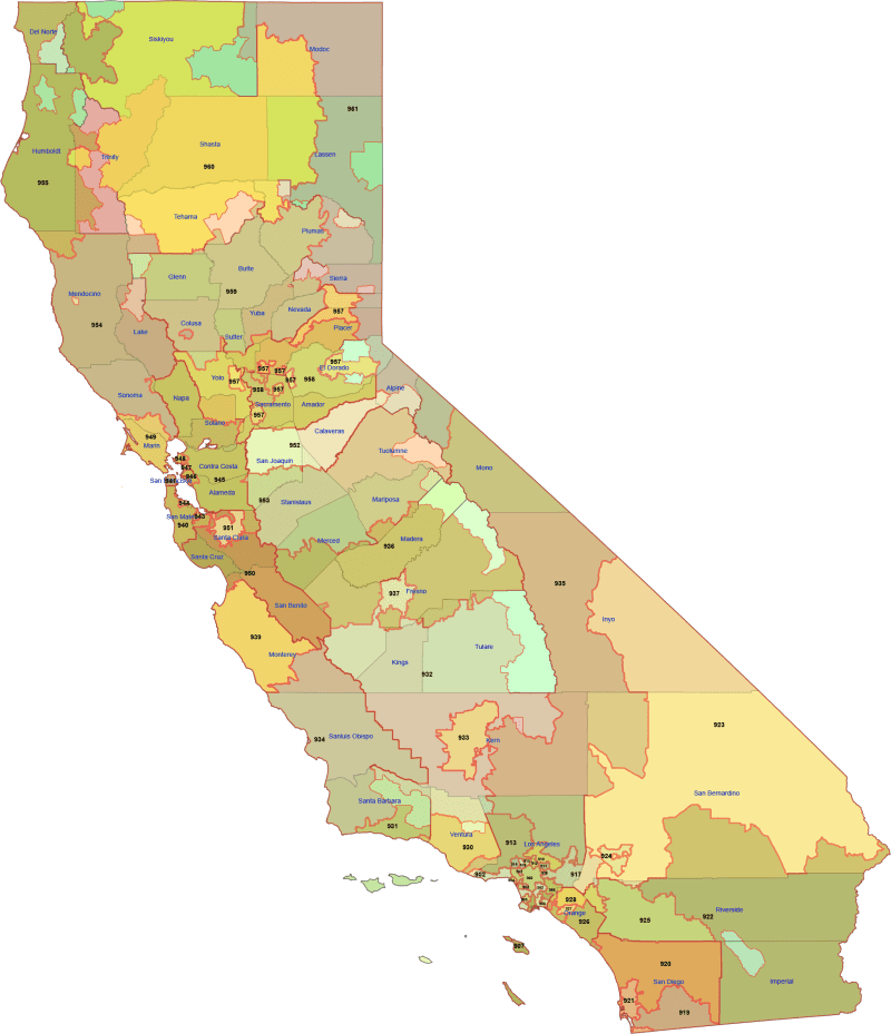California 3-Digit ZIP Code Map with Counties