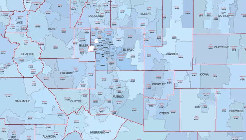 CO ZIP Code Map With Cities Counties