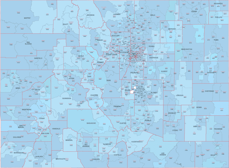 CO ZIP Code Map With Cities Counties