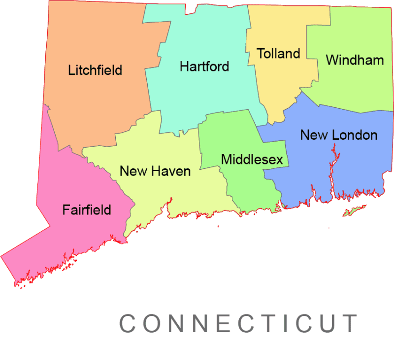 Connecticut colored county map