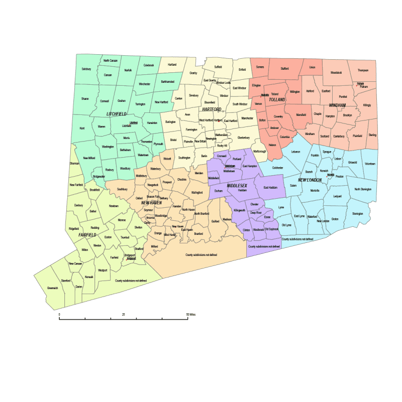 Connecticut county and communities map