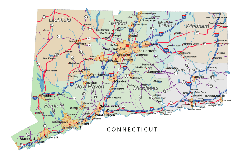 Connecticut road and city map