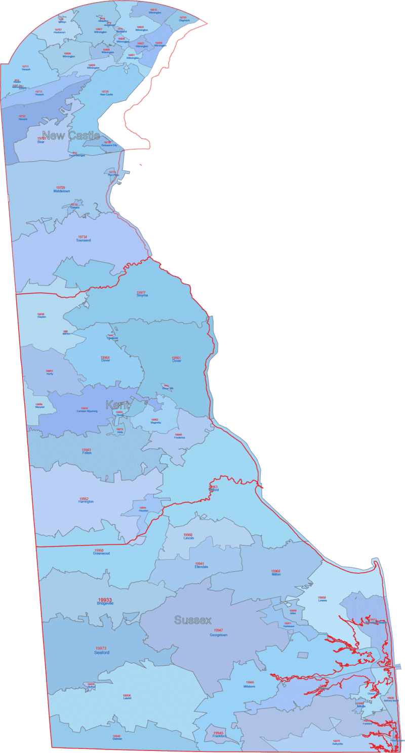 DE ZIP Code Map With Cities Counties