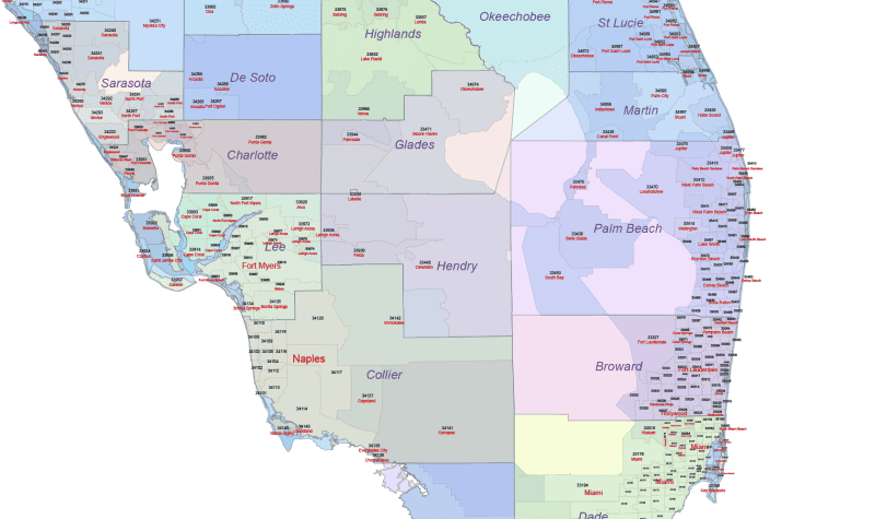 FL ZIP Code Map With Cities Counties