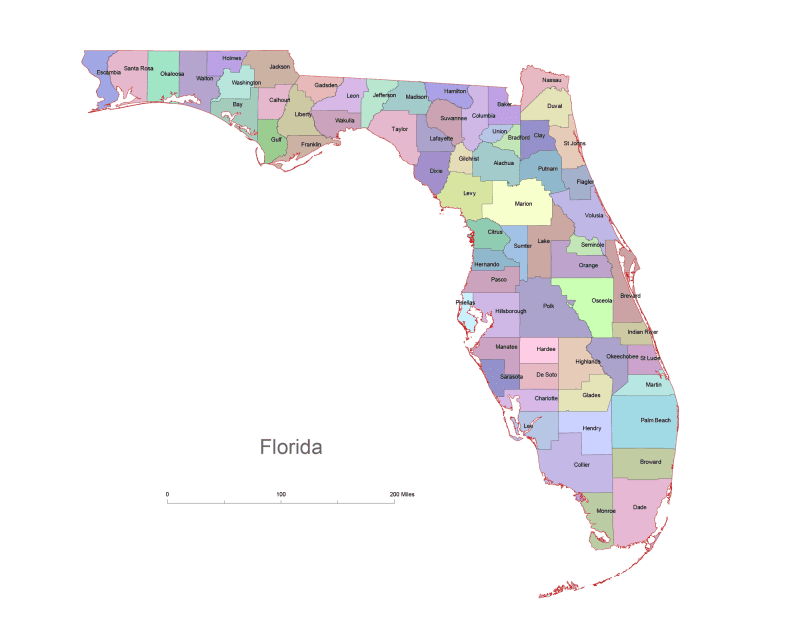Florida colored county map