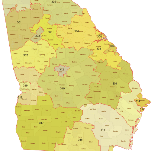 Georgia 3-Digit ZIP Code Map with Counties