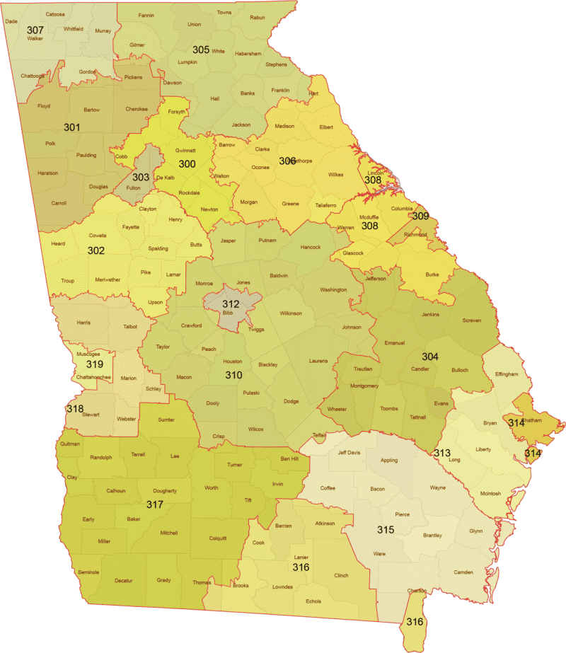 Georgia 3-Digit ZIP Code Map with Counties