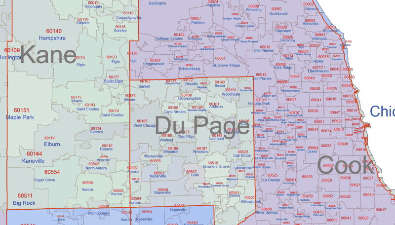 IL ZIP Code Map With Cities Counties