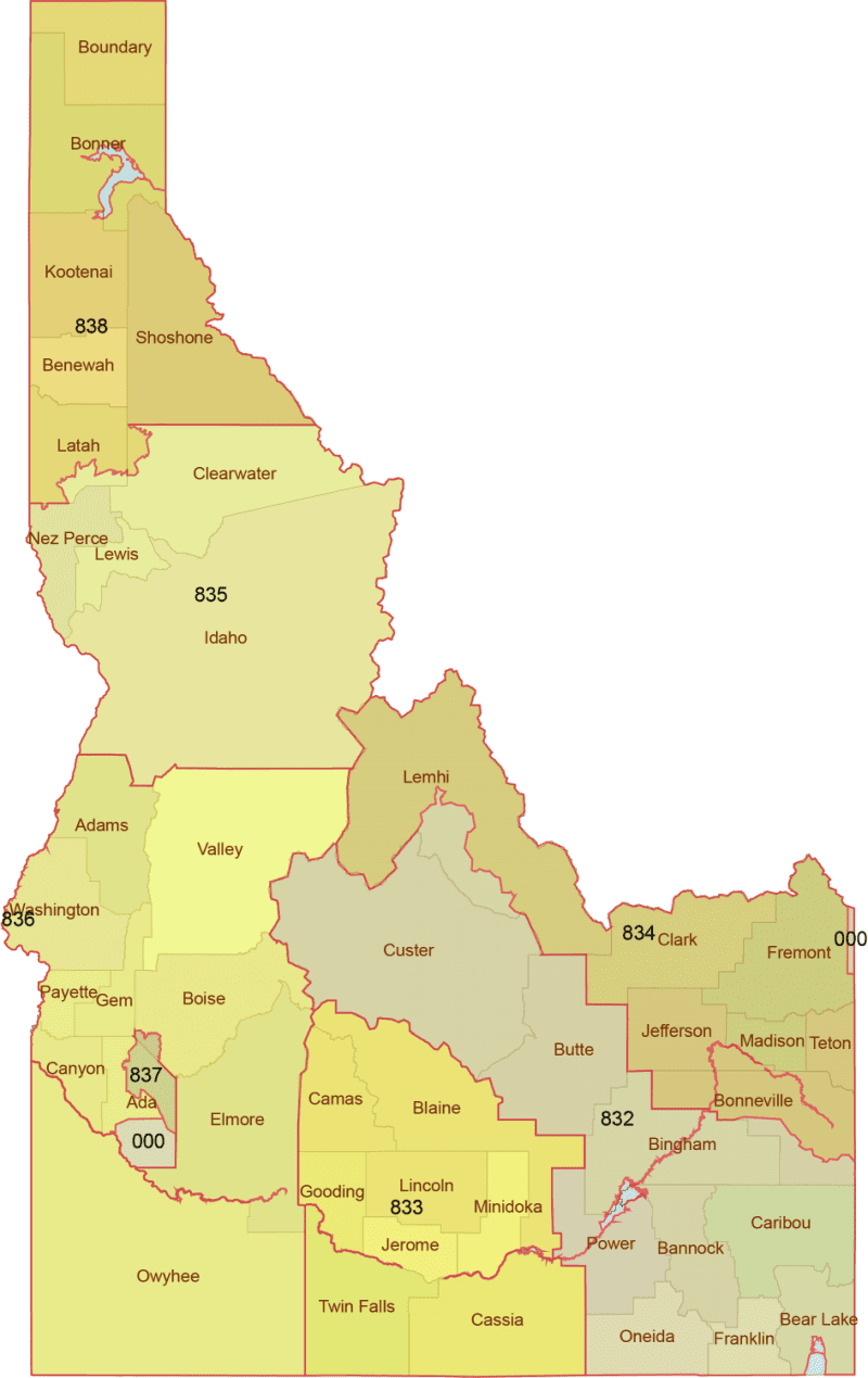 Idaho 3-Digit ZIP Code Map with Counties