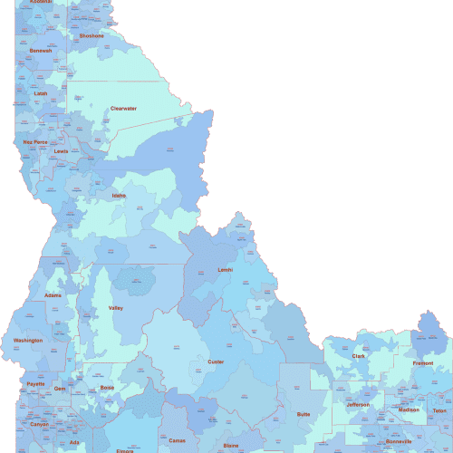 ID ZIP Code Map With Cities Counties