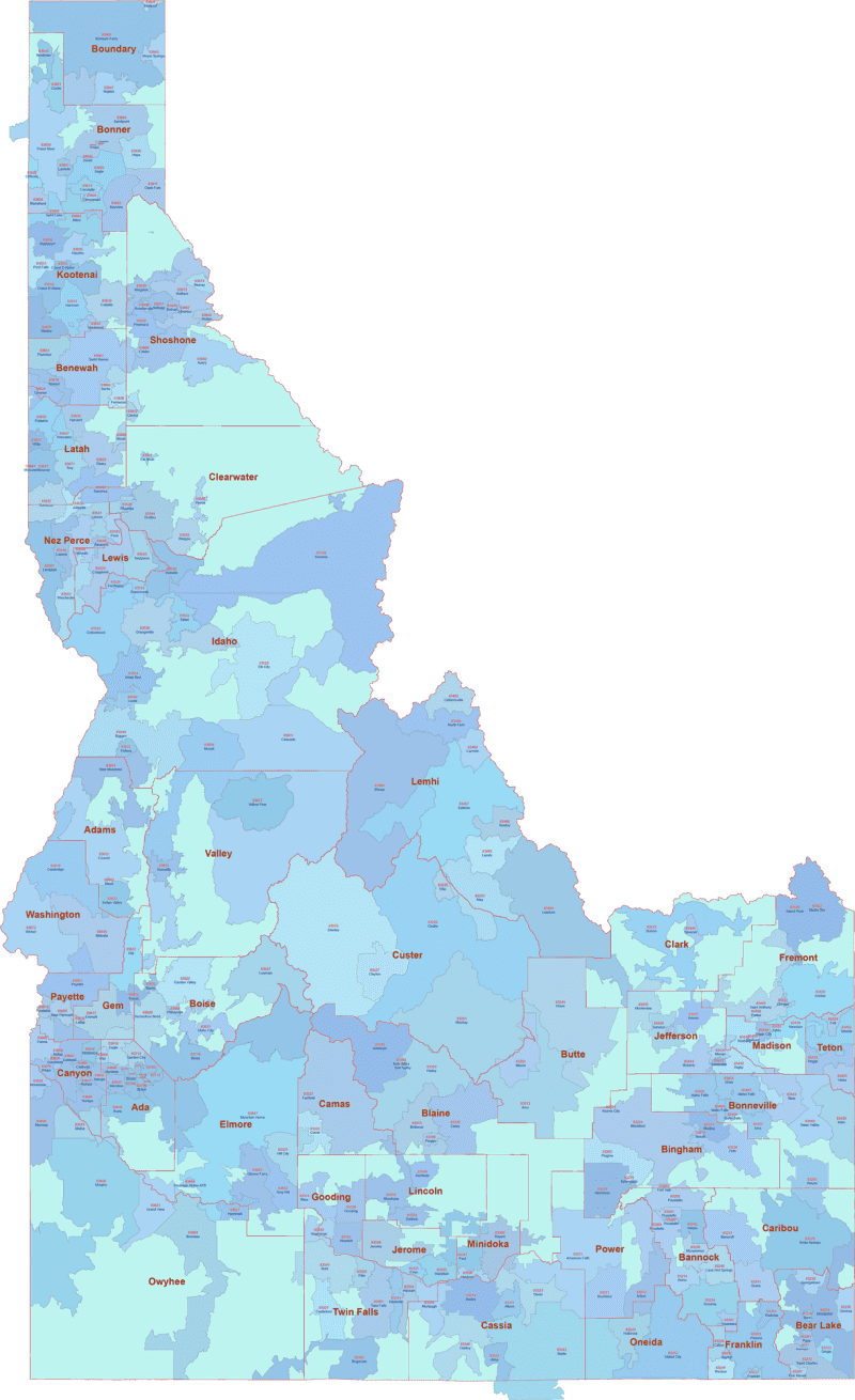 ID ZIP Code Map With Cities Counties