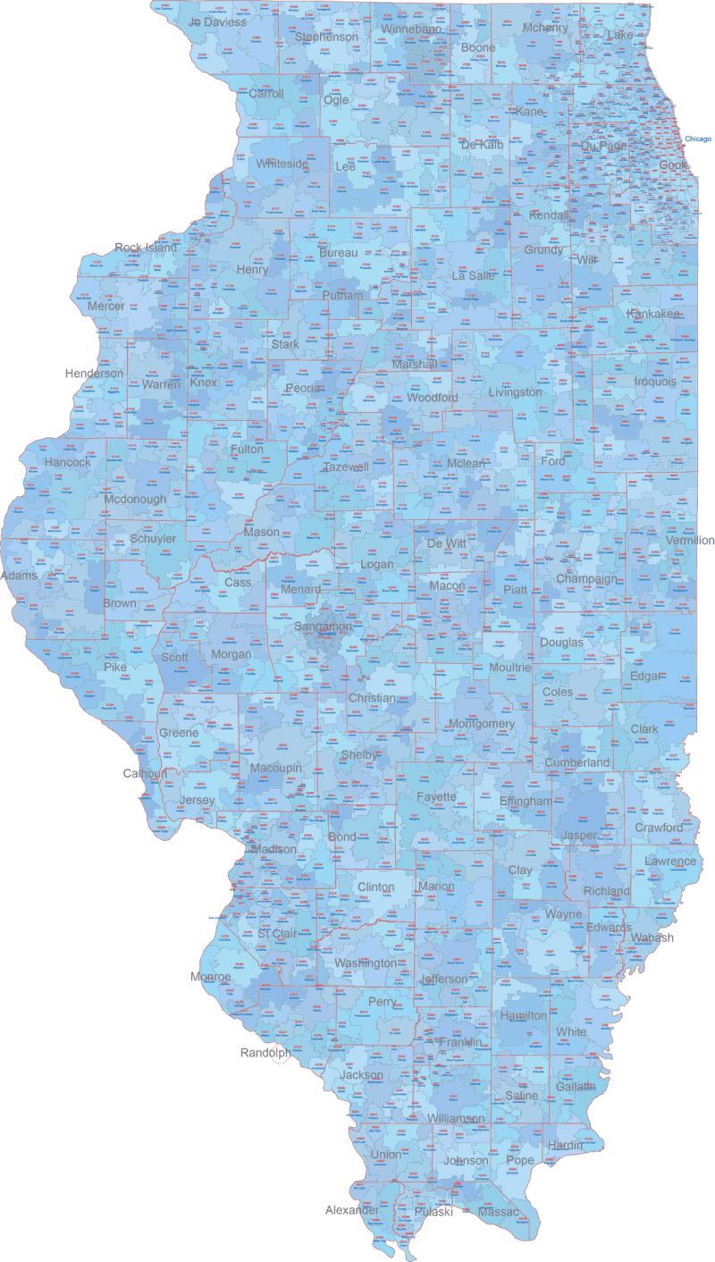 IL ZIP Code Map With Cities Counties