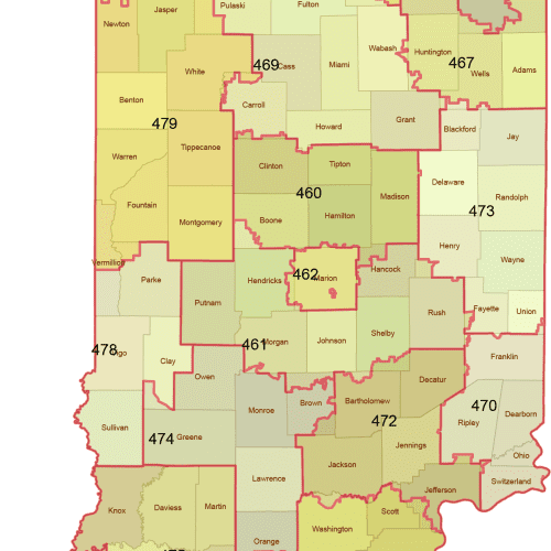 Indiana 3-Digit ZIP Code Map with Counties