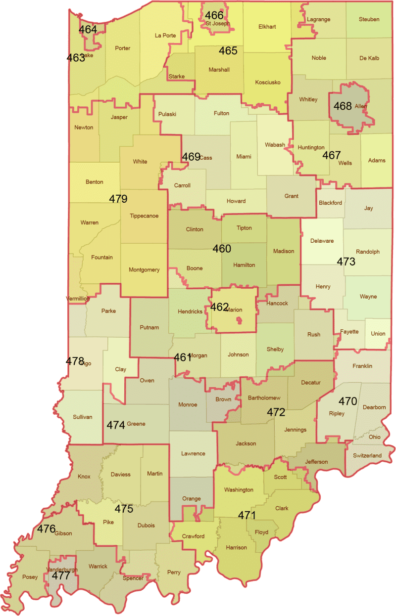 Indiana 3-Digit ZIP Code Map with Counties