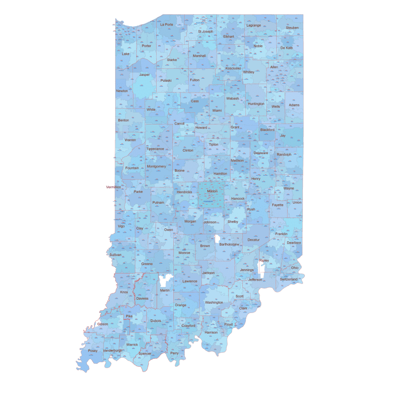 IN ZIP Code Map With Cities Counties