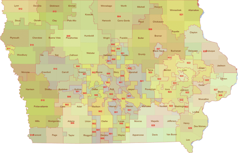 Iowa 3-Digit ZIP Code Map with Counties