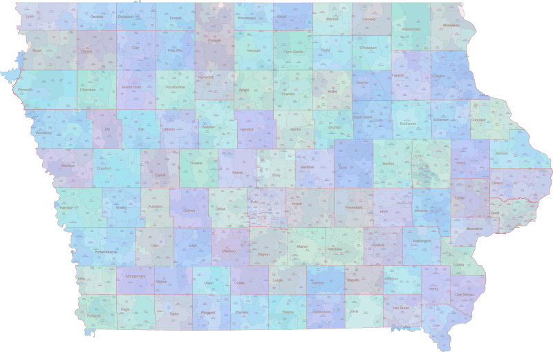 IA ZIP Code Map With Cities Counties