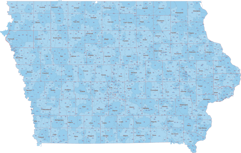 IA ZIP Code Map With Cities Counties