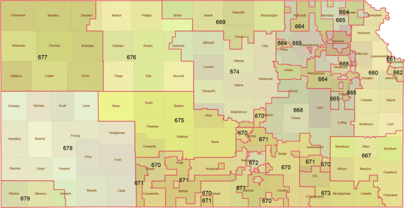 Kansas 3-Digit ZIP Code Map with Counties