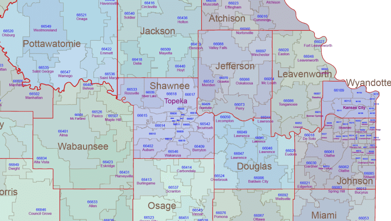 KS ZIP Code Map With Cities Counties
