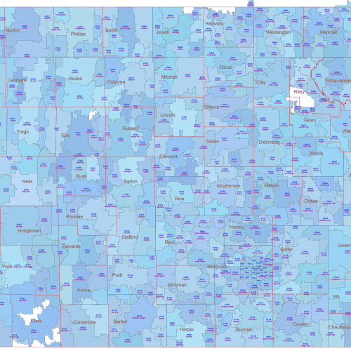 KS ZIP Code Map With Cities Counties