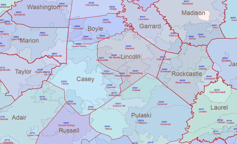 KY ZIP Code Map With Cities Counties