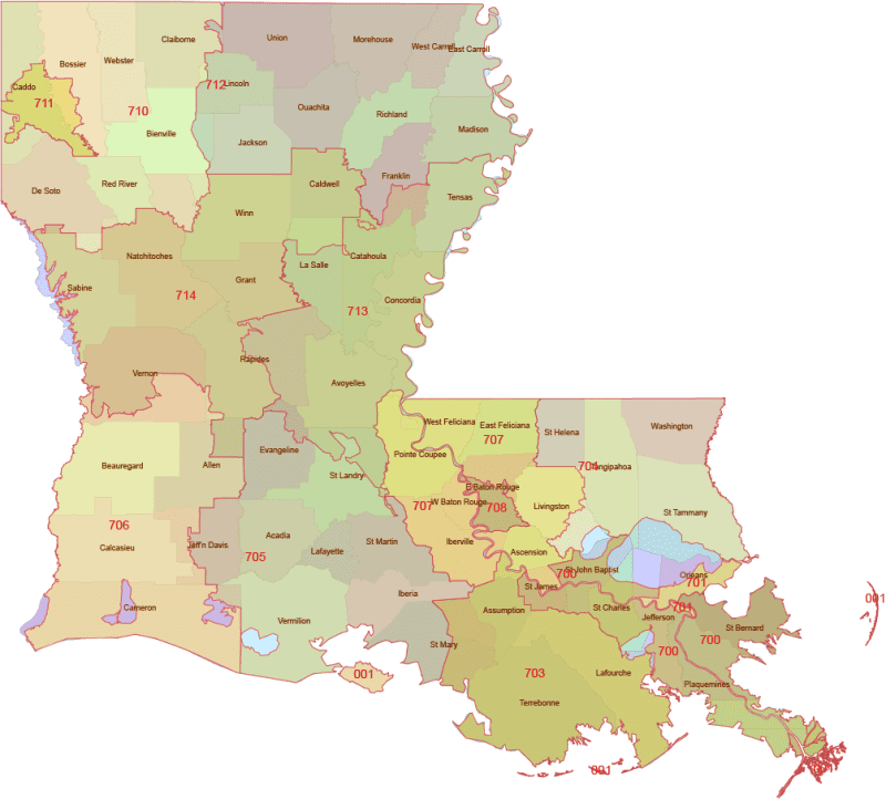 Louisiana 3-Digit ZIP Code Map with Counties
