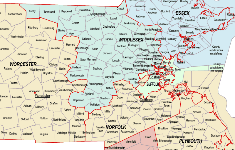 Massachusetts county and communities map