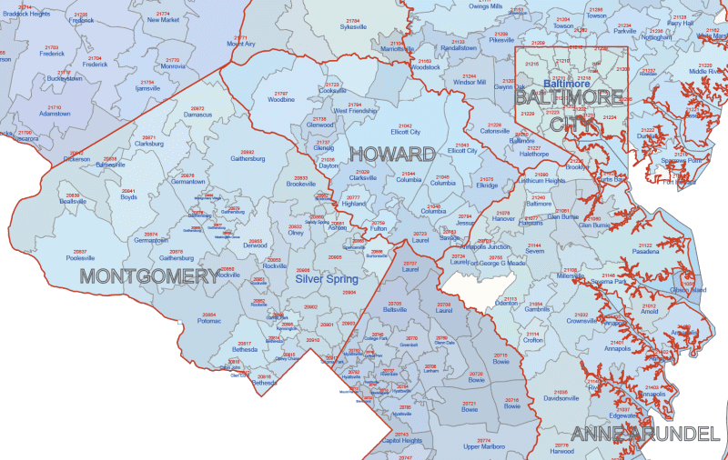 MD-DE ZIP Code Map With Cities Counties