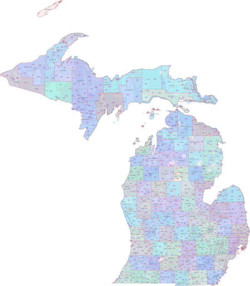Michigan ZIP Code City County Map