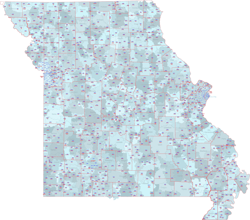 Mo ZIP Code Map With Cities Counties