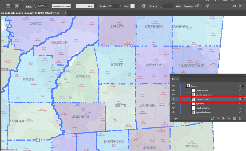 MS ZIP Code Map With Cities Counties