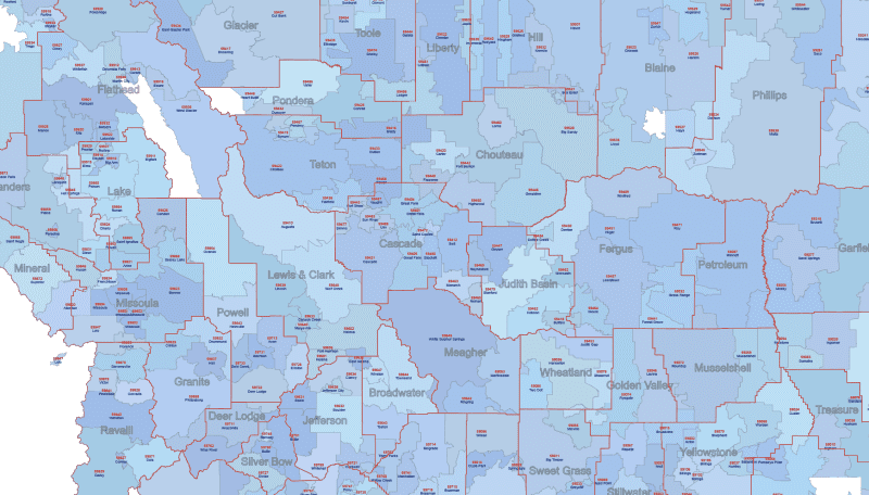 MT ZIP Code Map With Cities Counties