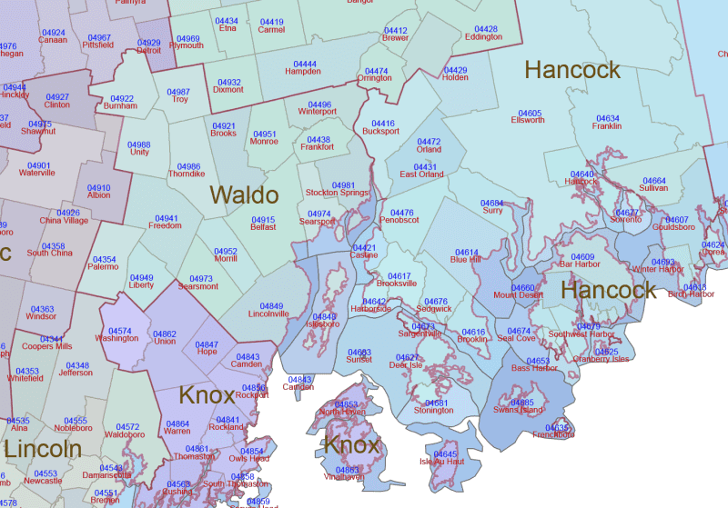 ME ZIP Code Map With Cities Counties
