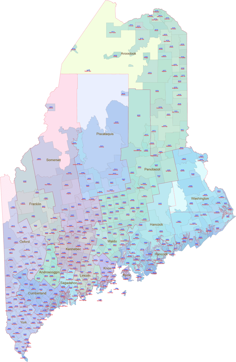 Maine ZIP Code Map With Cities Countie