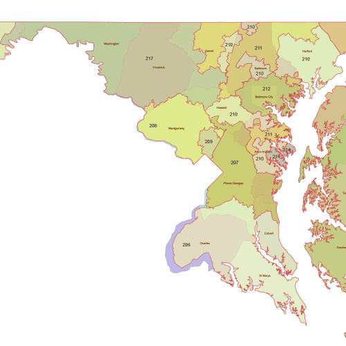 Maryland 3-Digit ZIP Code Map with Counties