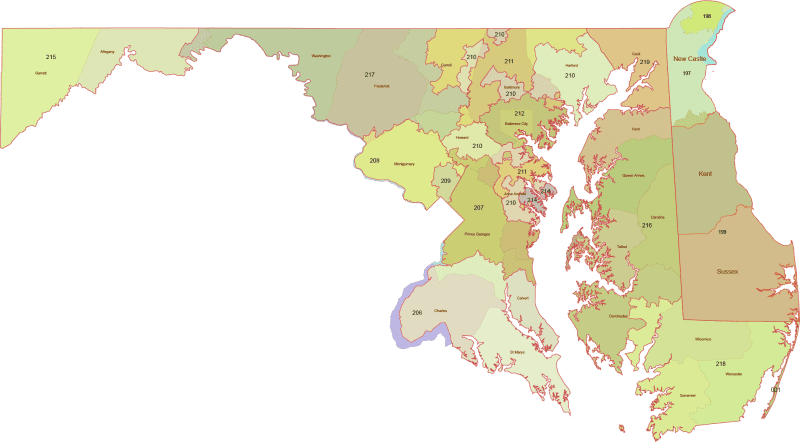 Maryland 3-Digit ZIP Code Map with Counties