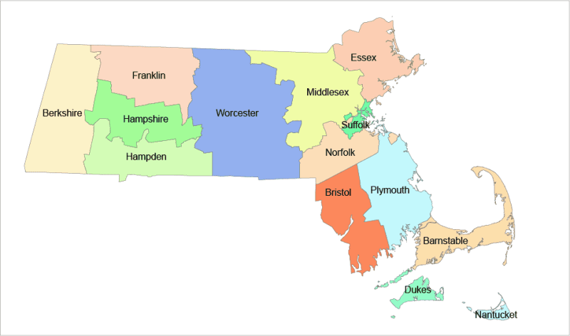 Massachusetts Colored County Map