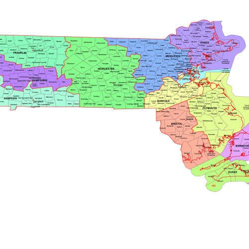 Massachusetts county and communities map